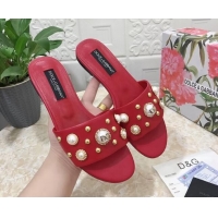 Stylish Dolce & Gabbana DG Lambskin Flat Slide Sandals with Pearls Red 605010