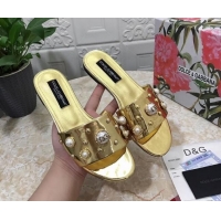 Hot Style Dolce & Gabbana DG Metallic Leather Flat Slide Sandals with Pearls Gold 605015