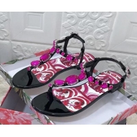 Pretty Style Dolce & Gabbana Patent Leather Flat Thong Sandals 1with embroidery Black 703115