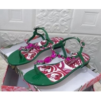 Low Cost Dolce & Gabbana Patent Leather Flat Thong Sandals 1with embroidery Green 0703116