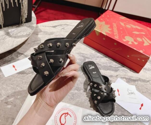 Perfect Christian Louboutin Miss Spika Club Flat Slide Sandals in Nappa Leather and Spikes Black 425093
