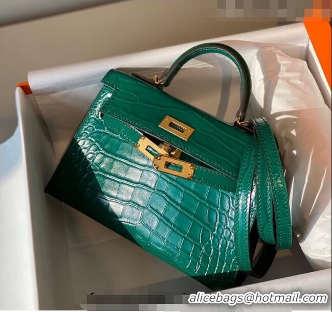 Good Taste Hermes Mini Kelly Bag 19cm in Crocodile Embossed Leather 0523 Emerald Green 2023