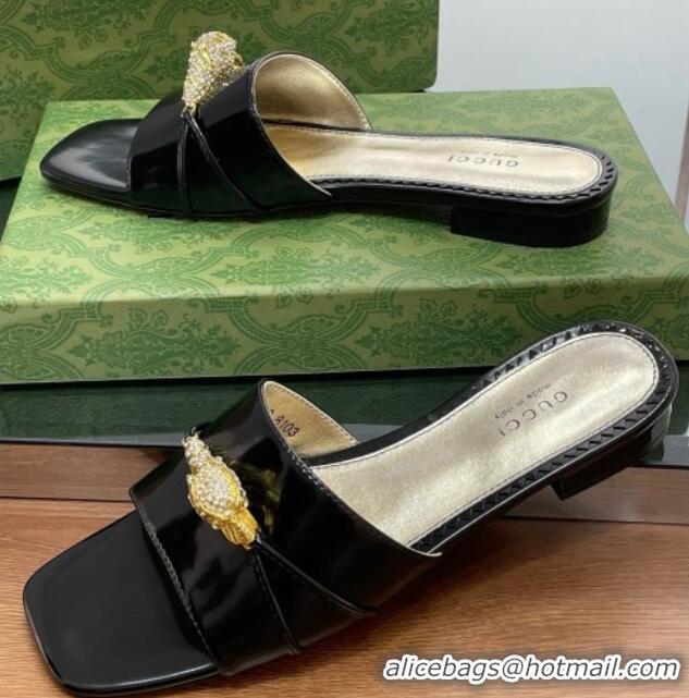 Grade Quality Gucci Patent Leather Flat Slide Sandals with Tiger Head Hardware Black 719010 