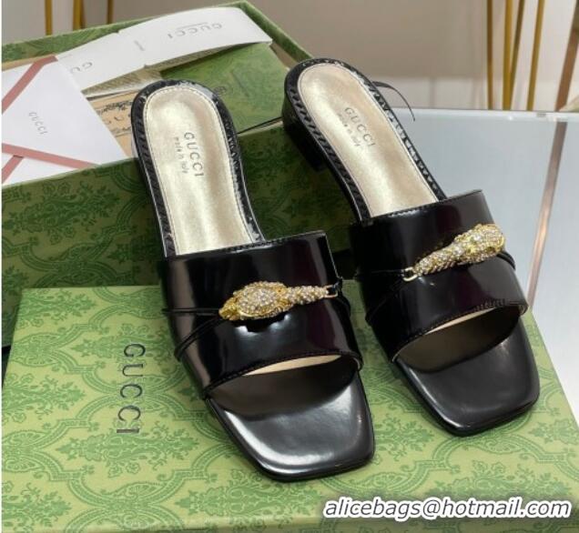 Grade Quality Gucci Patent Leather Flat Slide Sandals with Tiger Head Hardware Black 719010 