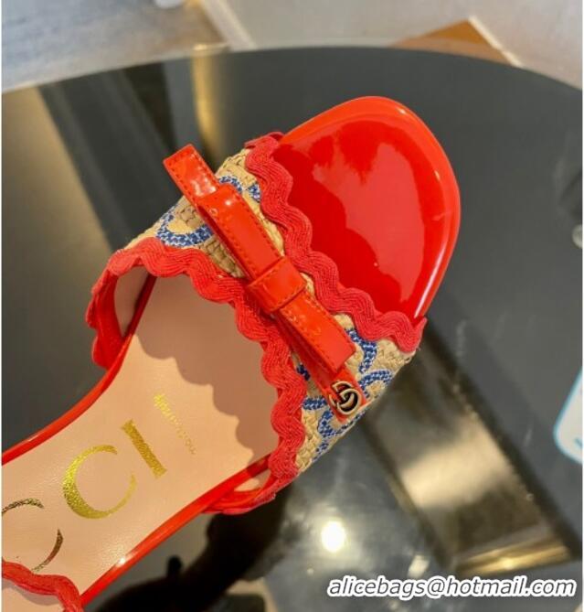 Unique Discount Gucci GG Raffia Straw Heeled Sandals 8cm with Bow and Wave Trim Red/Blue 901072