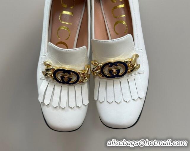 1:1 aaaaa Gucci Leather Loafers with Chain GG and Fringe White 901097