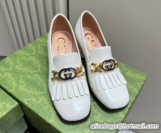1:1 aaaaa Gucci Leather Loafers with Chain GG and Fringe White 901097