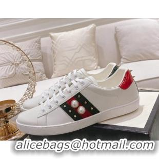 Comfortable Gucci Ace Leather Sneakers with Pearls Web White 012094