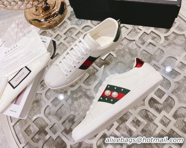 Comfortable Gucci Ace Leather Sneakers with Pearls Web White 012094