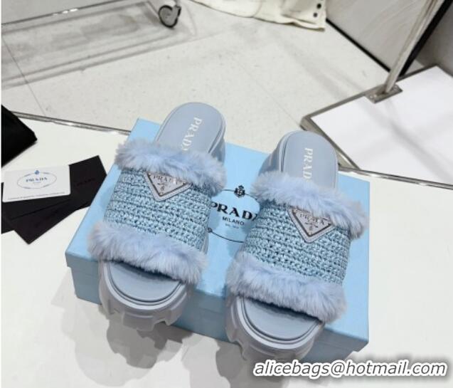 Good Quality Prada Crochet and Wool Platform Slide Sandals Light Blue 831015