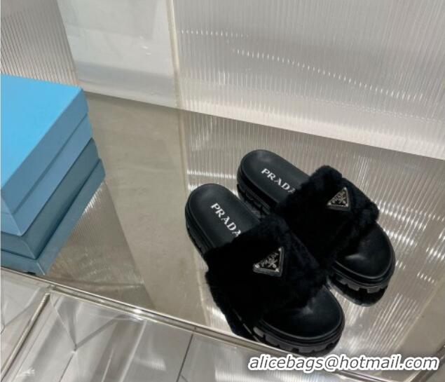 Luxurious Prada Wool Flat Slide Sandals with Logo Black 911103