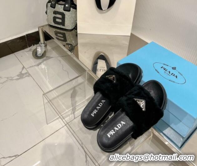 Luxurious Prada Wool Flat Slide Sandals with Logo Black 911103
