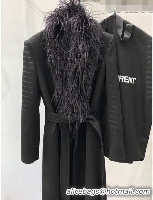 ​Famous Brand Saint Laurent Wool Coat with Ostrich Feather S102110 Black 2023
