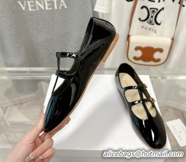 Good Quality Celine Double Strap Mary Jane Ballerinas in Patent Leather Black 725076