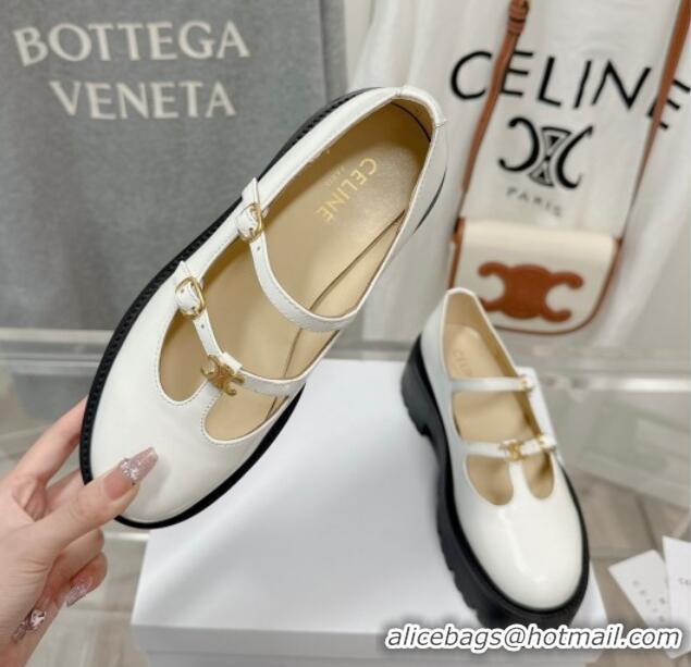 Best Grade Celine Bulky Babies Triomphe Mary Janes in Polished Leather White 0725078