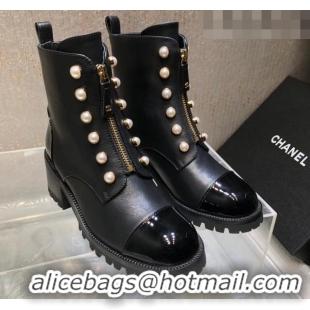 Best Grade Chanel Calfskin Ankle Boots with Pearls and Zip Black 819075