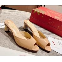 Luxurious Christian Louboutin Lipsita Heel Slide Sandals 5.5cm in Beige Patent Leather 425102