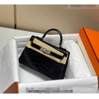 Buy Discount Hermes Mini Kelly Bag 19cm in Crocodile Embossed Leather 0523 Black/Silver 2023 