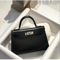 Inexpensive Hermes Mini Kelly II Box Bag 19cm in Box Calf Leather H20 Black/Silver 2023 (Half-handmade)