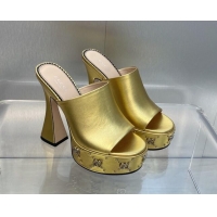 Top Grade Gucci Leather Platform Slide Sandal 15.5cm with Interlocking G Studs Gold 620043