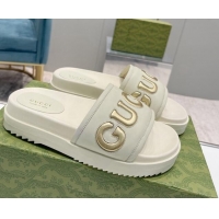Hot Style Gucci Leather Slide Sandals with Gucci Script White 620063