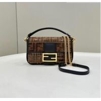 Super Quality Fendi Baguette Mini Bag in Brown FF Jacquard Fabric with sequins 8623S 2023