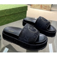 Charming Gucci GG Canvas Platform Slide Sandals 5.5cm with Interlocking G Black 719046