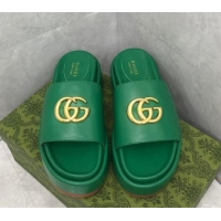 Duplicate Gucci Leather Platform Slide Sandals with GG Green 724095