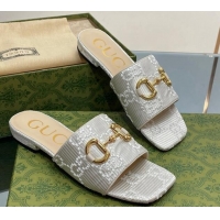 Best Product Gucci Horsebit GG Fabric Flat Slide Sandals White 901088