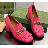 Sumptuous Gucci Leather Loafers with Chain GG and Fringe Dark Pink 901098