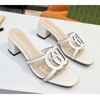 Lower Price Gucci Leather Heel Slide Sandals 5cm with Cutout GG White 916050