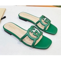 Good Quality Gucci Leather Flat Slide Sandals with Cutout GG Green 916055