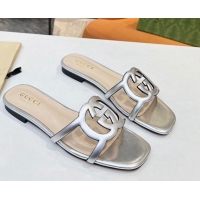 Super Quality Gucci Leather Flat Slide Sandals with Cutout GG Silver 916057