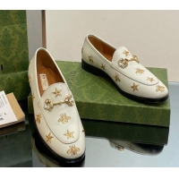 Lowest Price Gucci Jordaan Leather Loafers with Crystal and Bees White 1012057