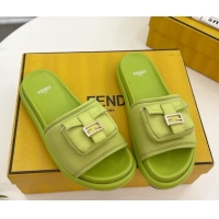 New Design Fendi Baguette Pouch Fabric Flat Slide Sandals Lime Green 703126