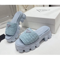 Stylish Prada Monolith Crochet Platform Slide Sandals 5cm Blue 704065