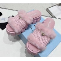 Best Product Prada Crochet and Wool Platform Slide Sandals Pink 831016