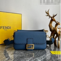 Most Popular Fendi Baguette Medium Bag in Grained Calfskin with oversize topstitching F1065 Blue 2023