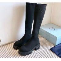 Classic Hot Prada Monolith Platform Knit High Boots Black 926029