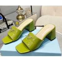 Classic Hot Prada Embossed Leather Heel Slide Sandals Light Green 1013063