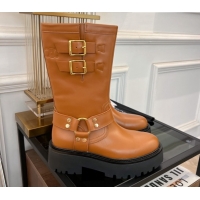 Purchase Celine Bulky Mid Biker Boots 5.5cm with Harness Buckle in Calfskin Light Brown 071010