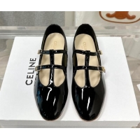 Good Quality Celine Double Strap Mary Jane Ballerinas in Patent Leather Black 725076