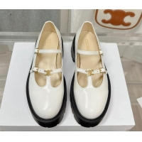 Best Grade Celine Bulky Babies Triomphe Mary Janes in Polished Leather White 0725078