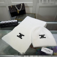 Luxury New Celine Knit Hat and Scarf Set CE10183 White 2023
