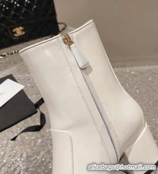 Top Design Chanel Patent Calfskin Heel Ankle Boots with Chain CC White 828025