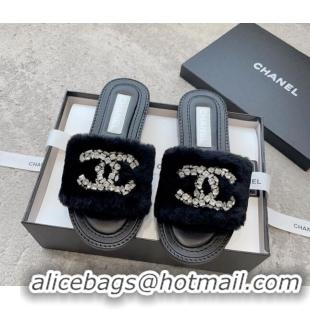 Luxurious Chanel Wool Flat Slide Sandals with Crystal CC Black 925008