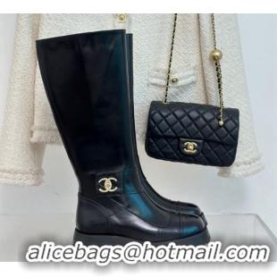 Stylish Chanel Calfskin High Boots with CC Strap Black 011026