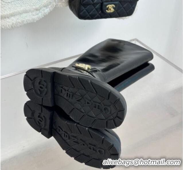 Stylish Chanel Calfskin High Boots with CC Strap Black 011026