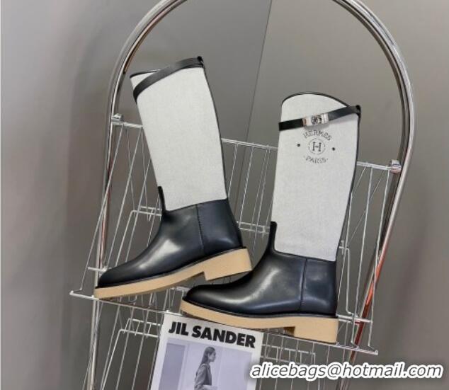 Good Quality Hermes Honey High Boots in Leather Canvas and Rubber Sole Black/Grey 013134