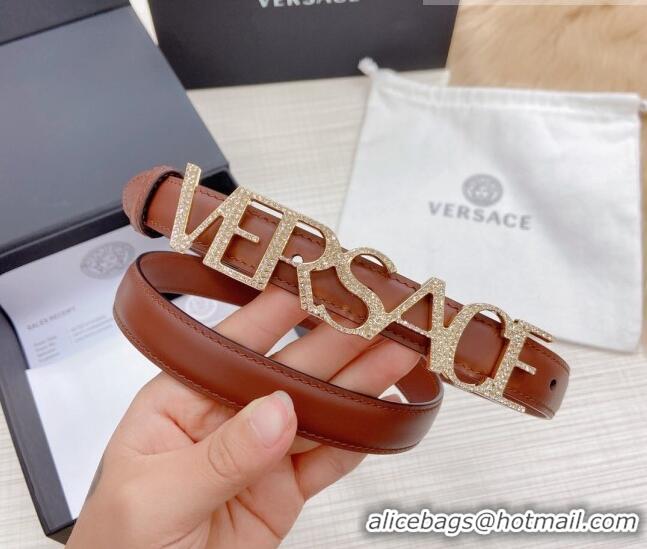 ​Well Crafted Versace Smooth Calfskin Belt 2cm with Crystal Signature 060146 Tan Brown/Gold